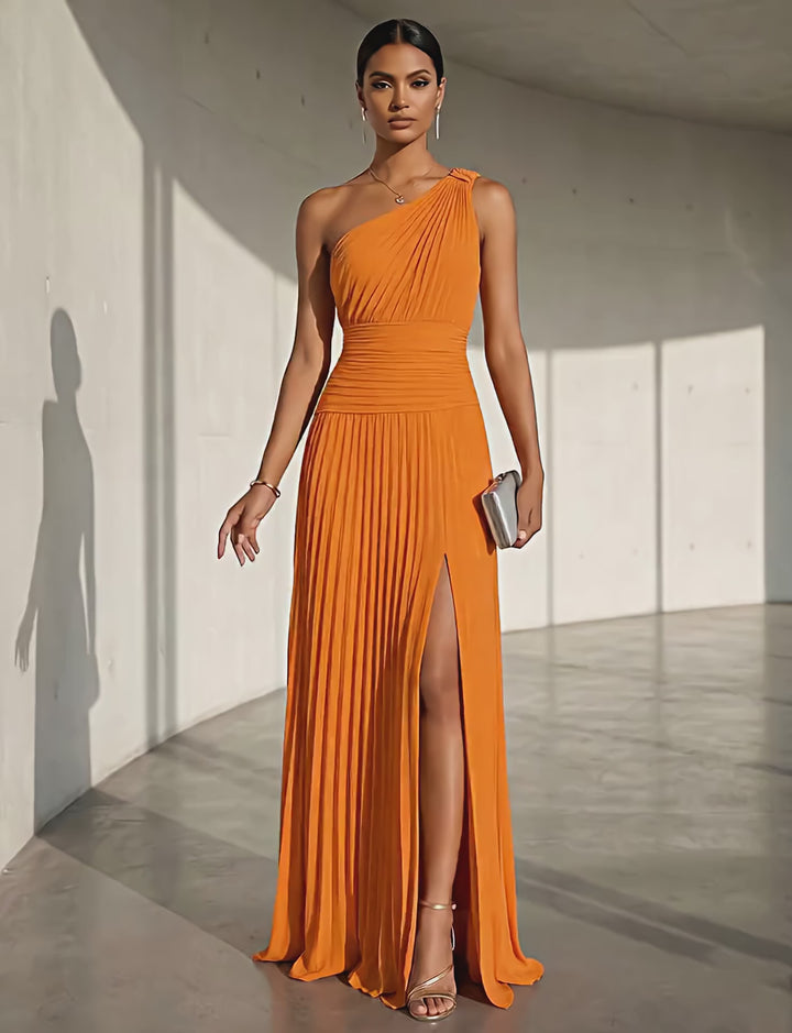 Chiffon A Line One Shoulder Slit Formal Dresses