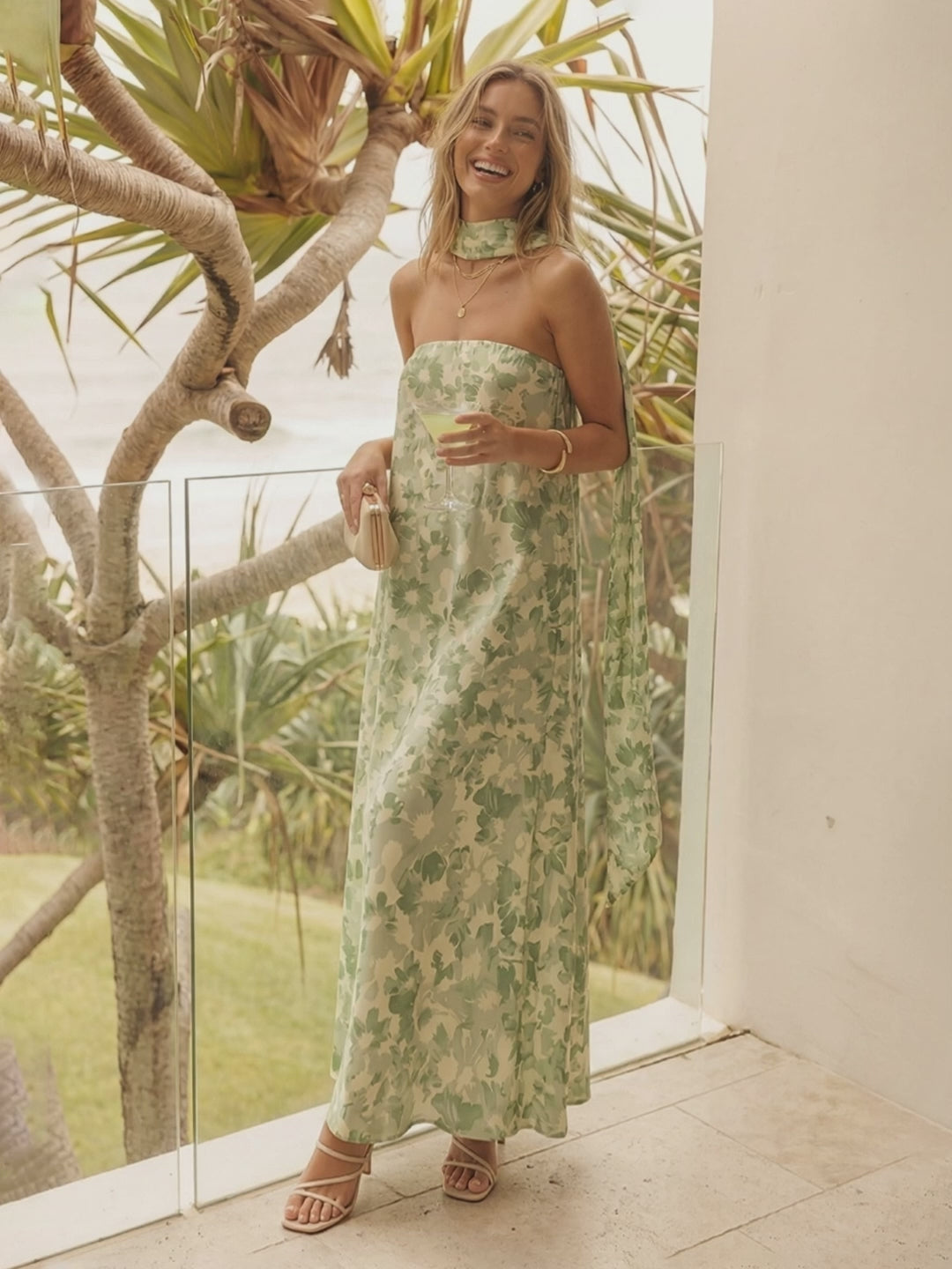 Strapless Floral A Line Formal Dresses with Scarf