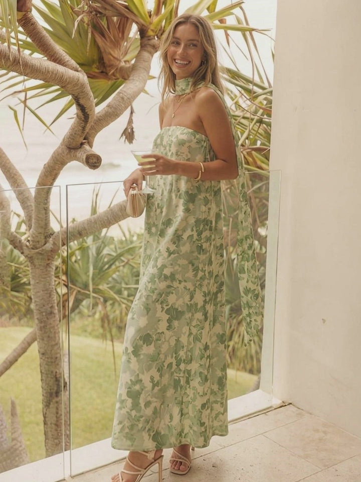 Strapless Floral A Line Formal Dresses with Scarf
