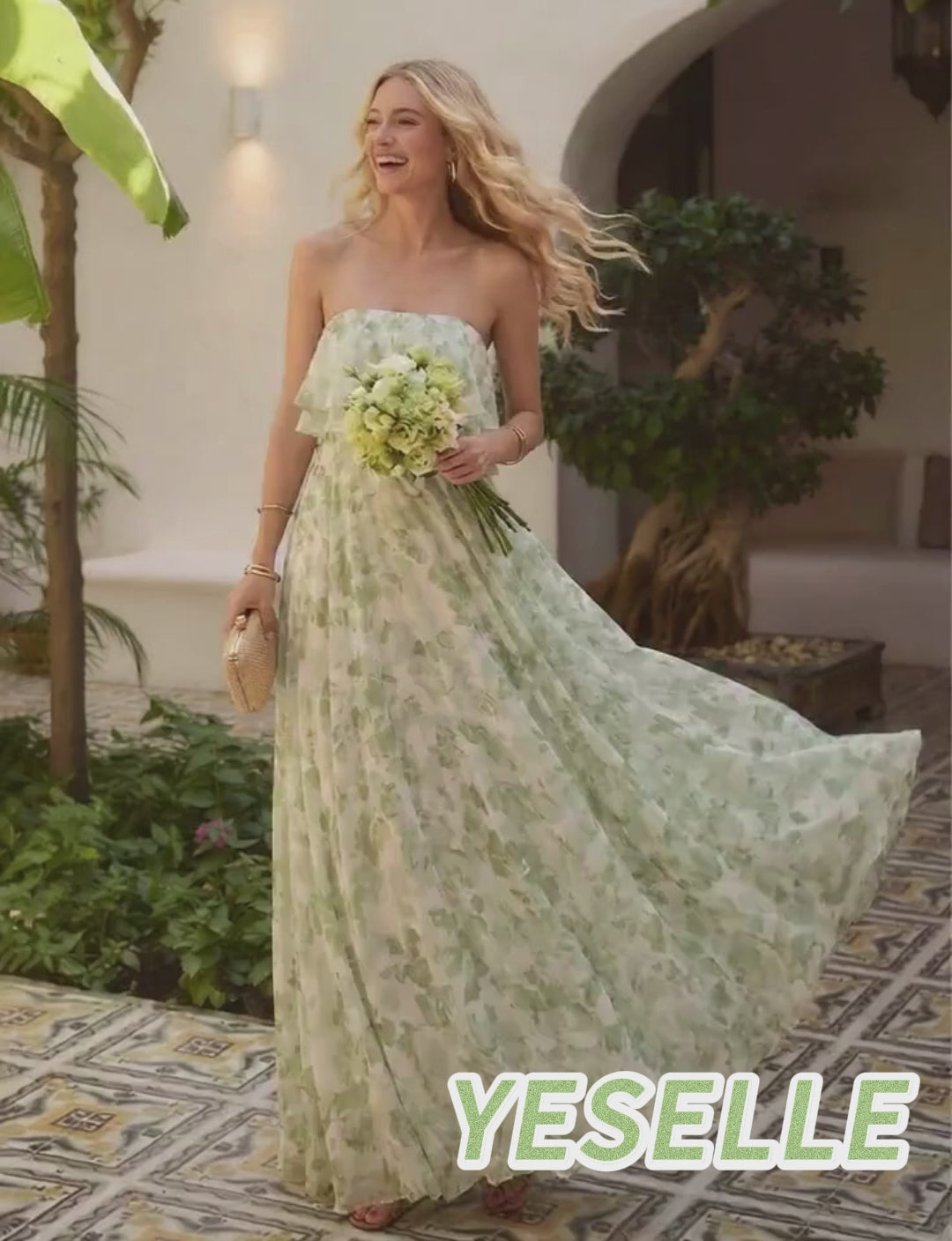 Floral Chiffon Strapless Pleated Long Formal Dresses