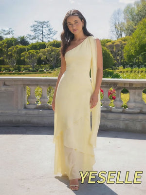 One Shoulder Chiffon Pleated Long Formal Dresses