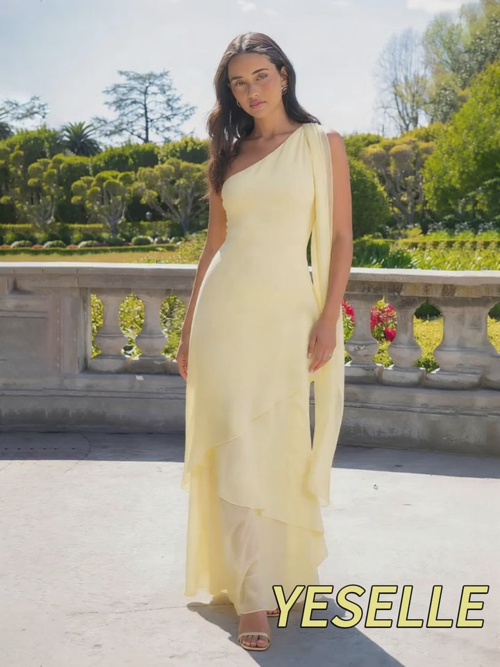 One Shoulder Chiffon Pleated Long Formal Dresses