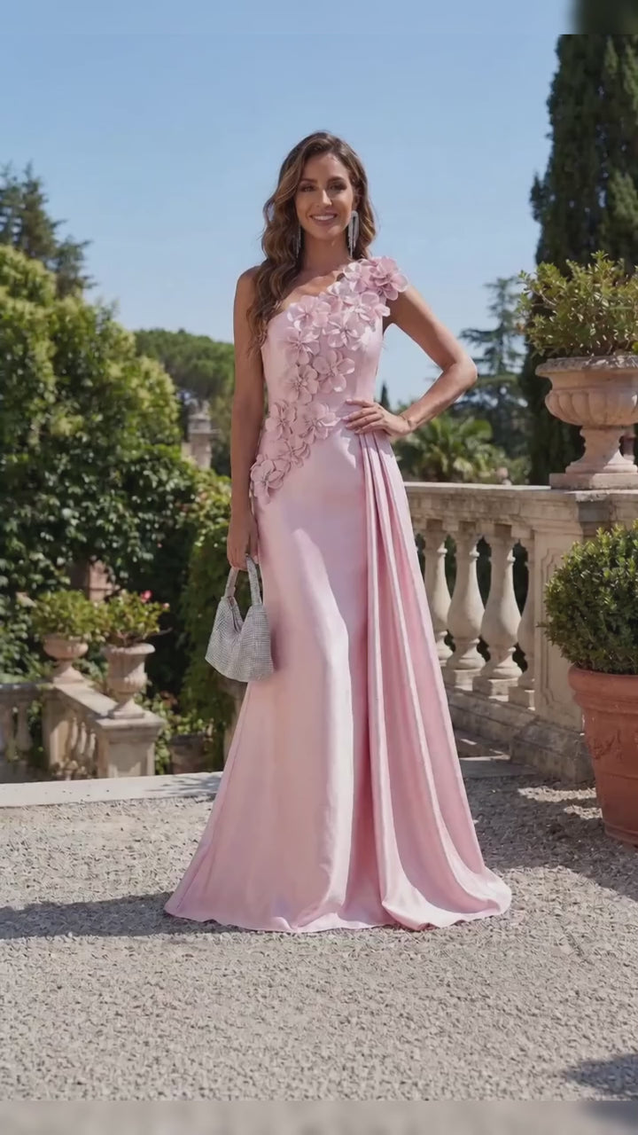 3D Flowers Satin One Shoulder Ruffles Formal Dresses