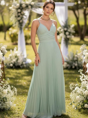 Spaghetti Straps Chiffon Pleated Maxi Bridesmaid Dresses